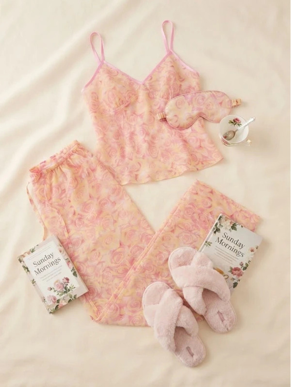 Romance Pink & Yellow Rose Mesh Cami and Pants Lounge Set